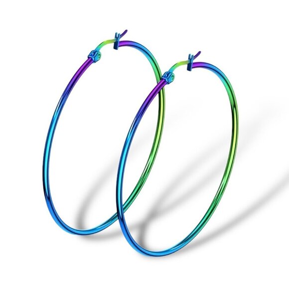 NWT Large Hoop Earrings Titanium Rainbow Steel Multicolor - Picture 10 of 11